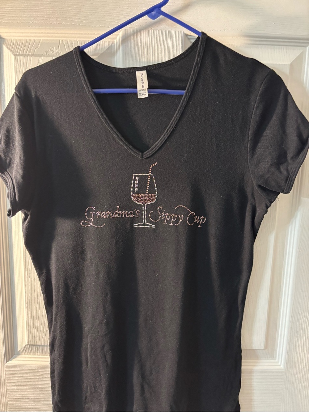 Black V-Neck Tee with Rhinestone Wine Glass - Grandma's Sippy Cup